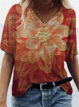 2021 vasaros 3D spalvų seksualus moterų didelio dydžio drugelis gėlių spausdinti trumparankoviai atsitiktinis palaidų V-kaklo retro mados T-shirt viršų