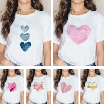 Akvarelė Širdies Print T-Marškinėliai Moterims Drabužių Vasaros Y2k Viršų Trumpomis Rankovėmis Viršūnes, O-Kaklo Grafinis Marškinėliai Harajuku Moterų White Tee