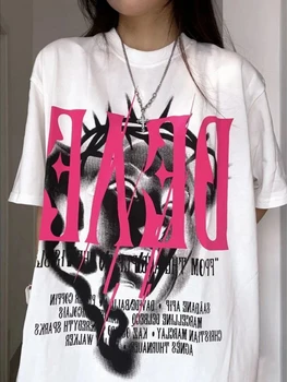 HOUZHOU Y2K Harajuku Grafinis Negabaritinių Tshirts Moterų Tamsiai akademinės bendruomenės Kpop Streetwear Hipių Goth trumpomis Rankovėmis T Marškiniai, Moterų Topai